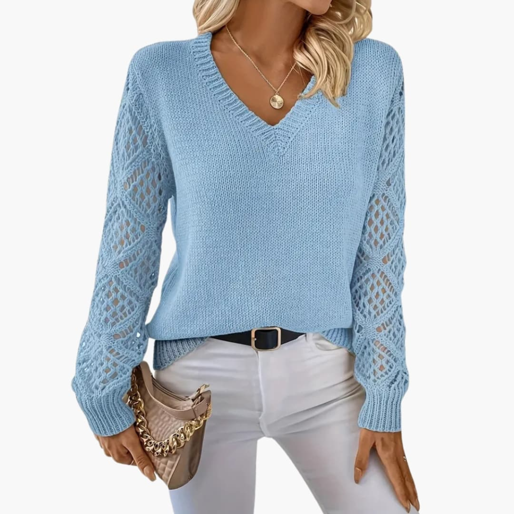Women's V-Neck Sweater Long Sleeves Fine Knit