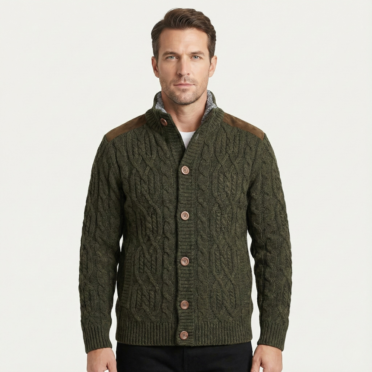 Men's Wool Cardigan Fleece Lined Winter Gray