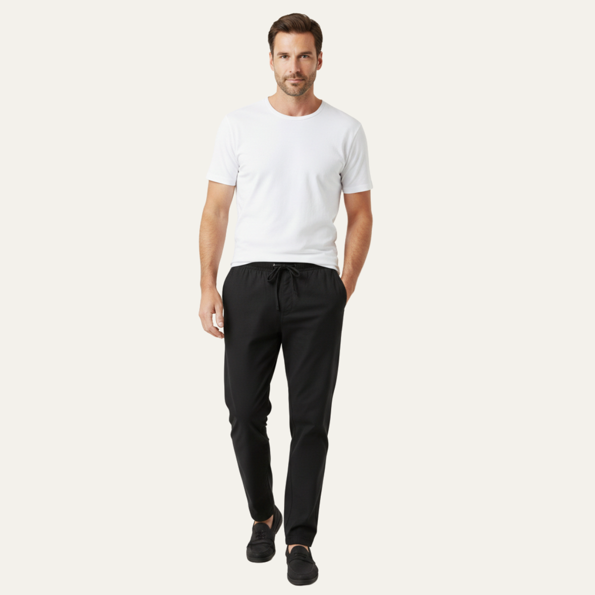 Mens Cotton Linen Drawstring Pants Loose Fit Beige