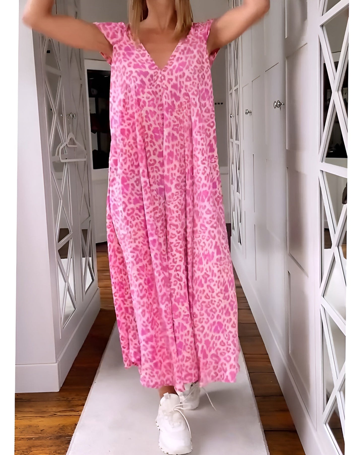 Blossom | Women's V Neck Loose Fit Short Sleeve Printed Long Dress Cocktail