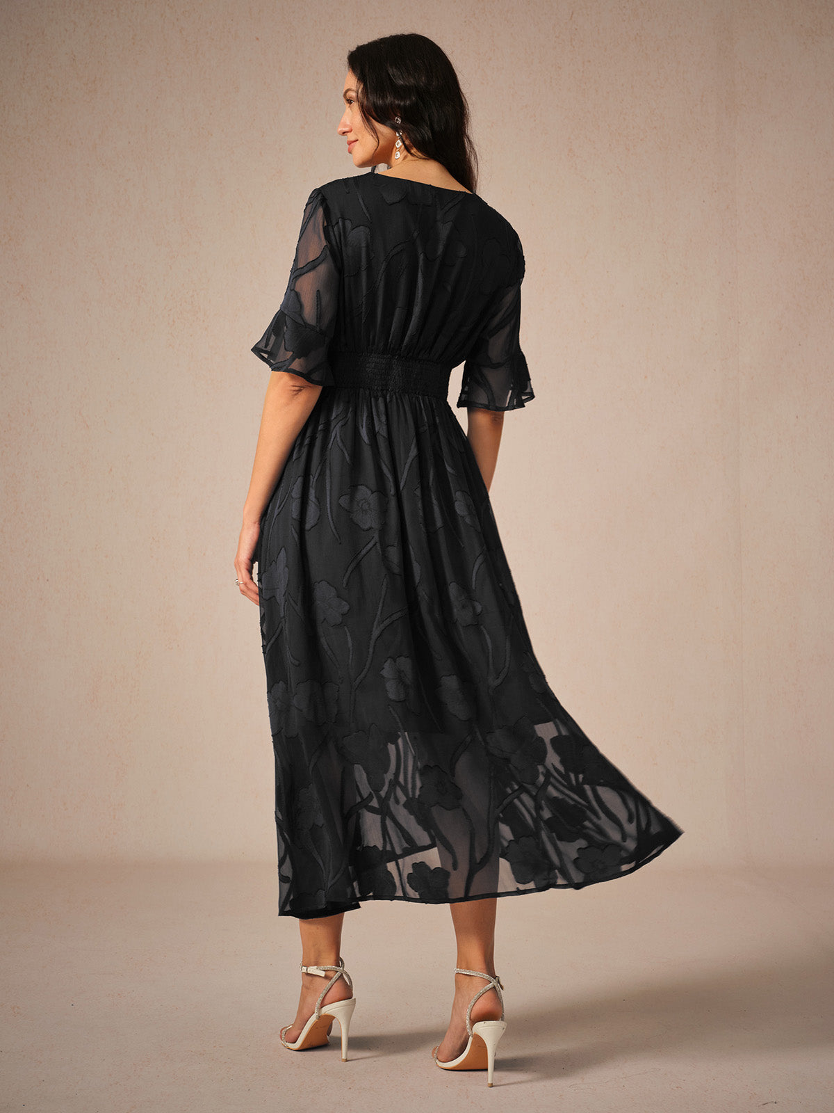 Women's Elegant Midi Dress Flutter Sleeves Lace Detailing