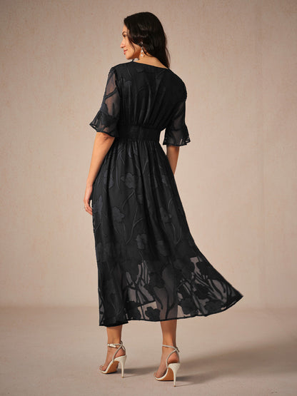 Women's Elegant Midi Dress Flutter Sleeves Lace Detailing