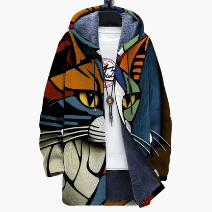 Unisex Hooded Cardigan Cat Print Zip Up