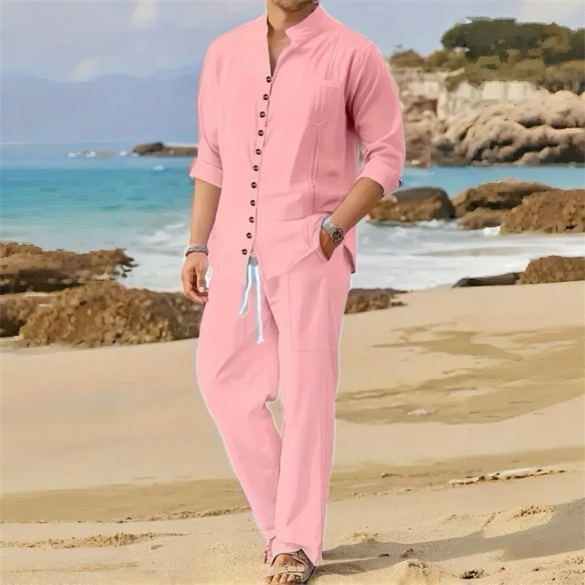 Men's Cotton Linen Shirt Set 2 Piece