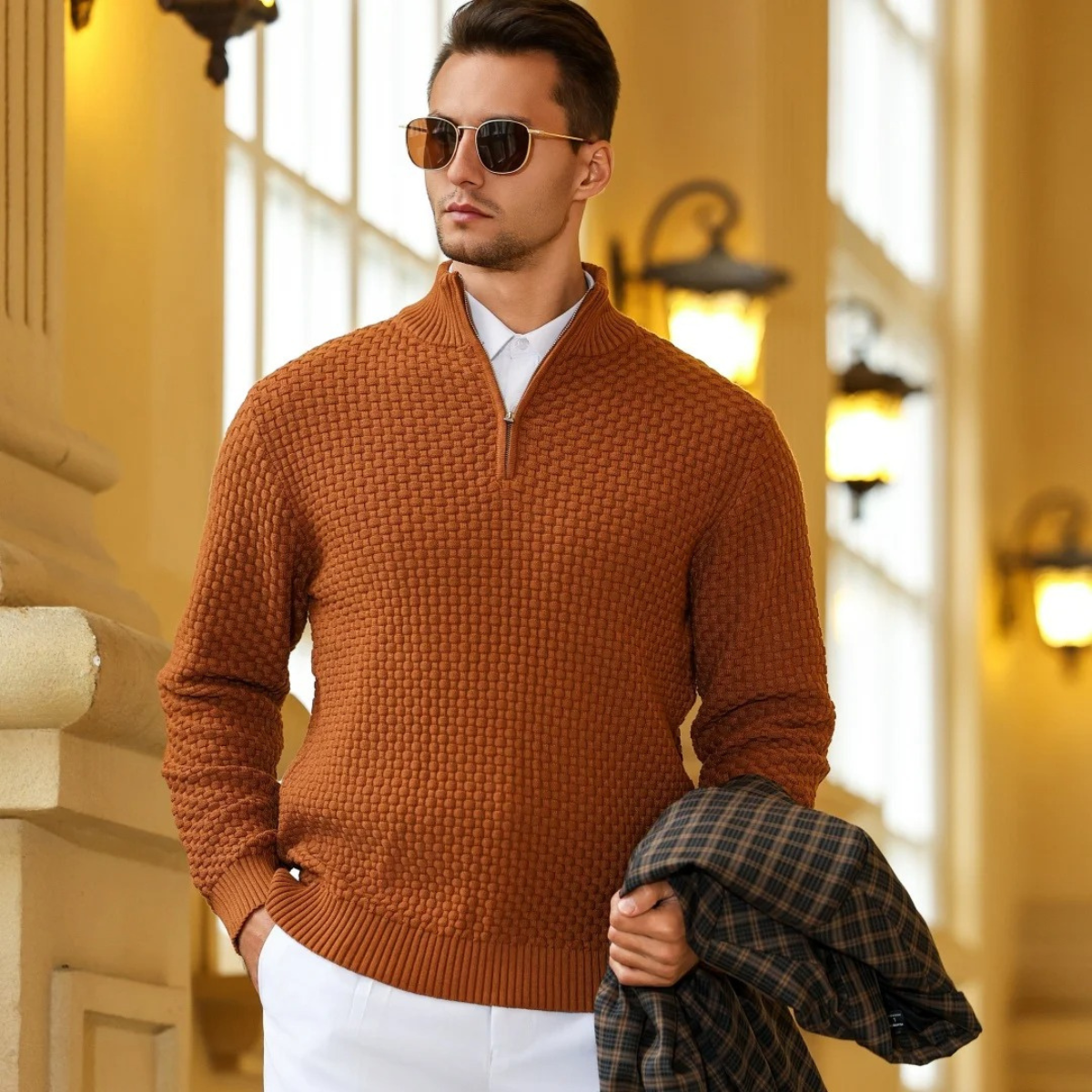 Men's Textured Knit Half Zip Jumper