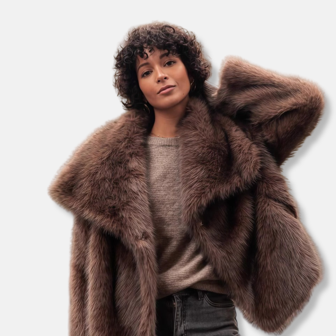 Women's Fur Coat Oversized Collared Button Front Beige - Vonnera