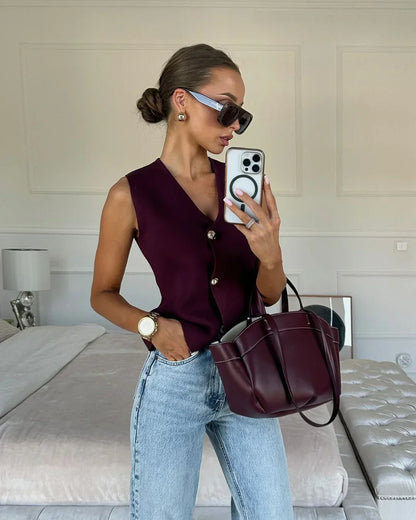 Women's Knitted Vest Sleeveless Button Front - Vonnera