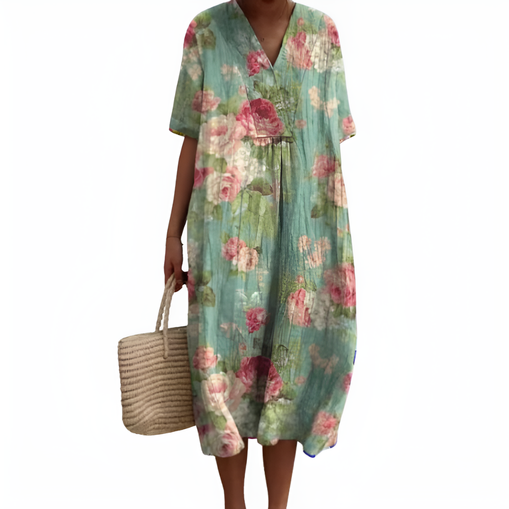 Women's Floral V-Neck Short Sleeve Summer Dress - Vonnera