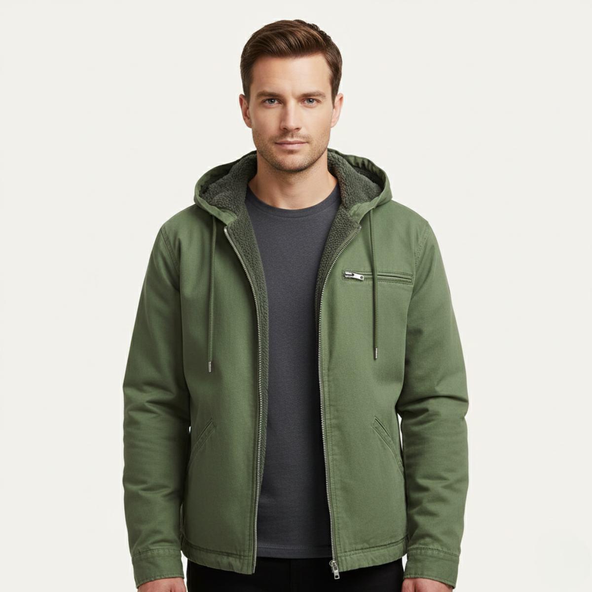 Men's Fleece Lined Hooded Jacket Warm Retro
