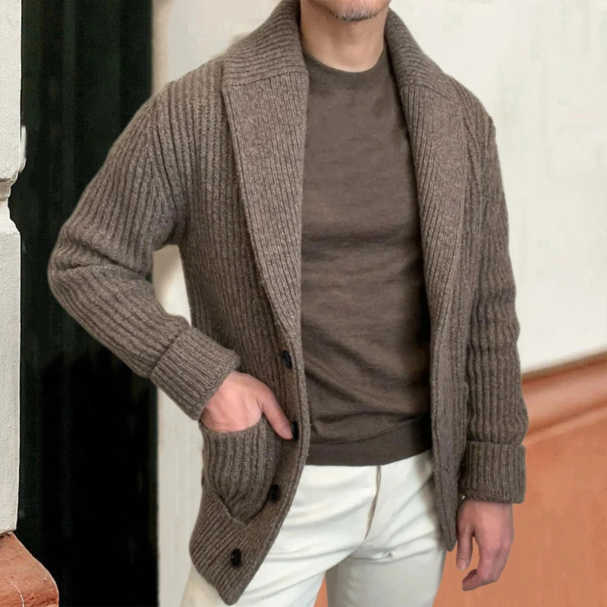 Aldercrest Men's Knitted Cardigan Chunky Button Shawl Collar