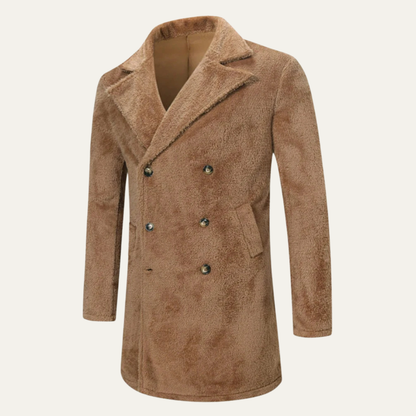 Men's Double Breasted Winter Coat Warm Brown Plush