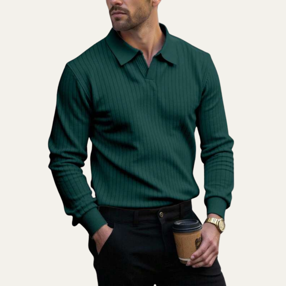 Men's Long Sleeve Polo Shirt Ribbed Knit