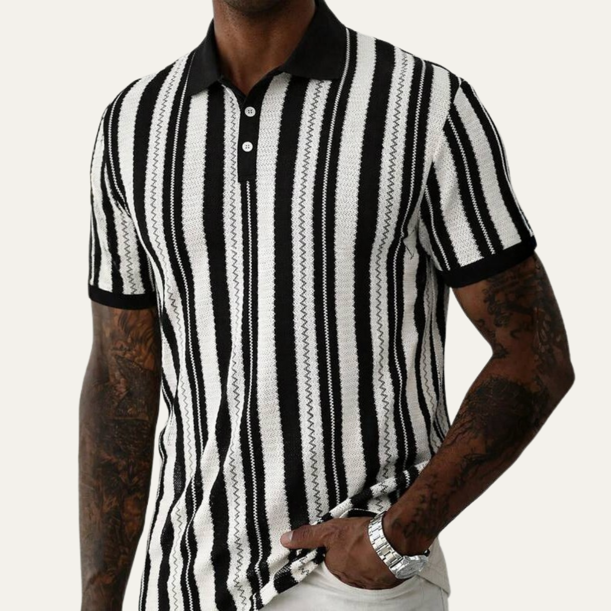 Men's Striped Polo Shirt Knit Cotton