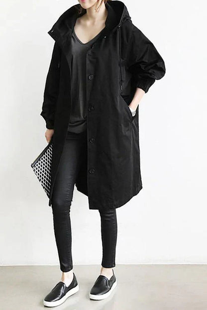 Women's Hooded Trench Coat Oversized Cotton Button Up Beige