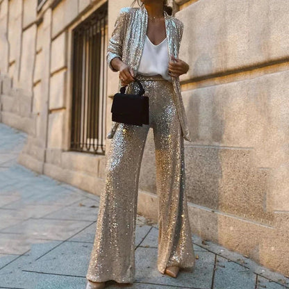 Women's Sequin Two-Piece Set High-Waisted Pants