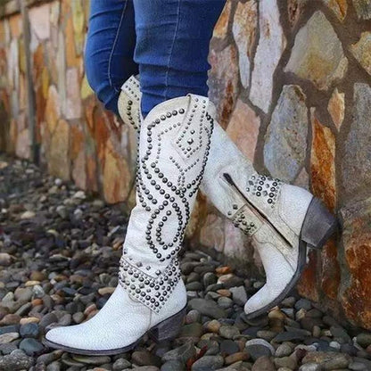 Women's Knee High Cowboy Boots Rivet Detail Chunky Heel Side Zip