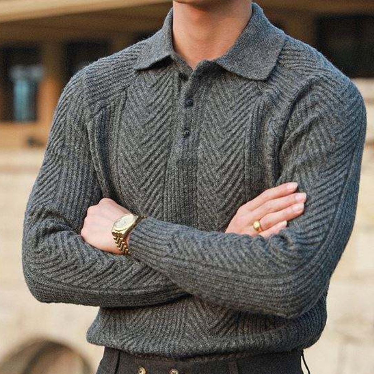 Men's Knitted Polo Sweater Chunky Warm Wool Winter Beige