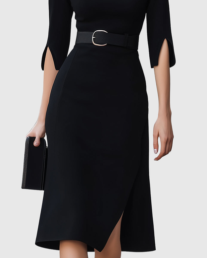 Naomi | Women's Belted Mock Neck Midi Dress with Split Sleeves