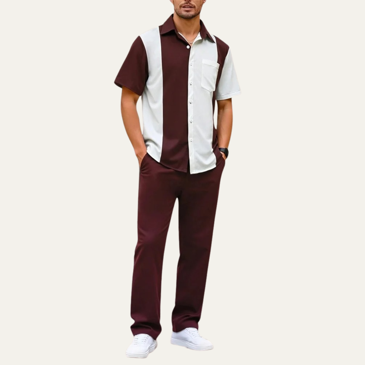 Men's Striped 2 Piece Suit Set Cotton Shirt Pants