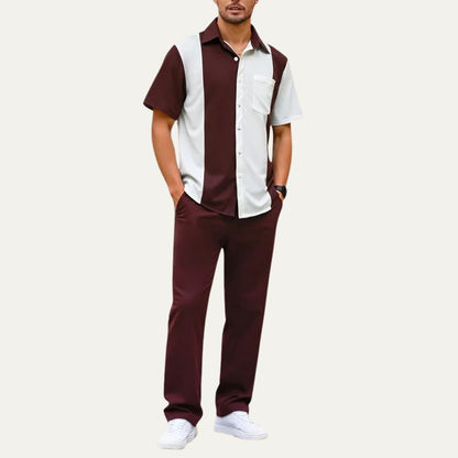 Men's Striped 2 Piece Suit Set Cotton Shirt Pants
