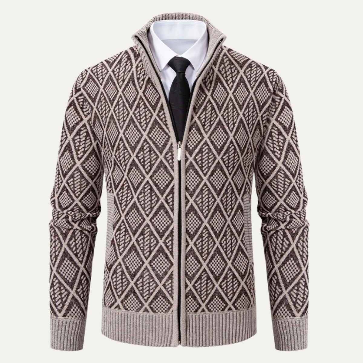 Men's Knit Diamond Zip Jacket with Stand Collar