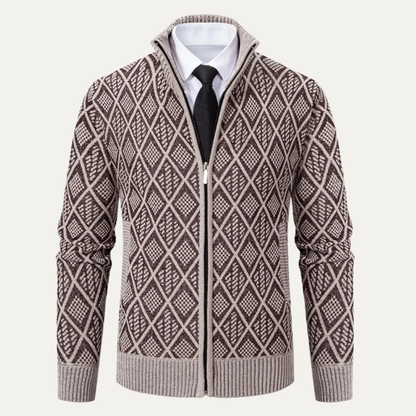Men's Knit Diamond Zip Jacket with Stand Collar