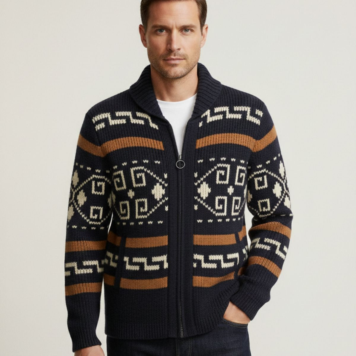 Men's Vintage Knit Cardigan Thick Shawl Collar Winter