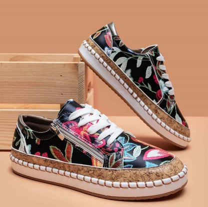 Women's Floral Lace Up Sneakers Zip Closure