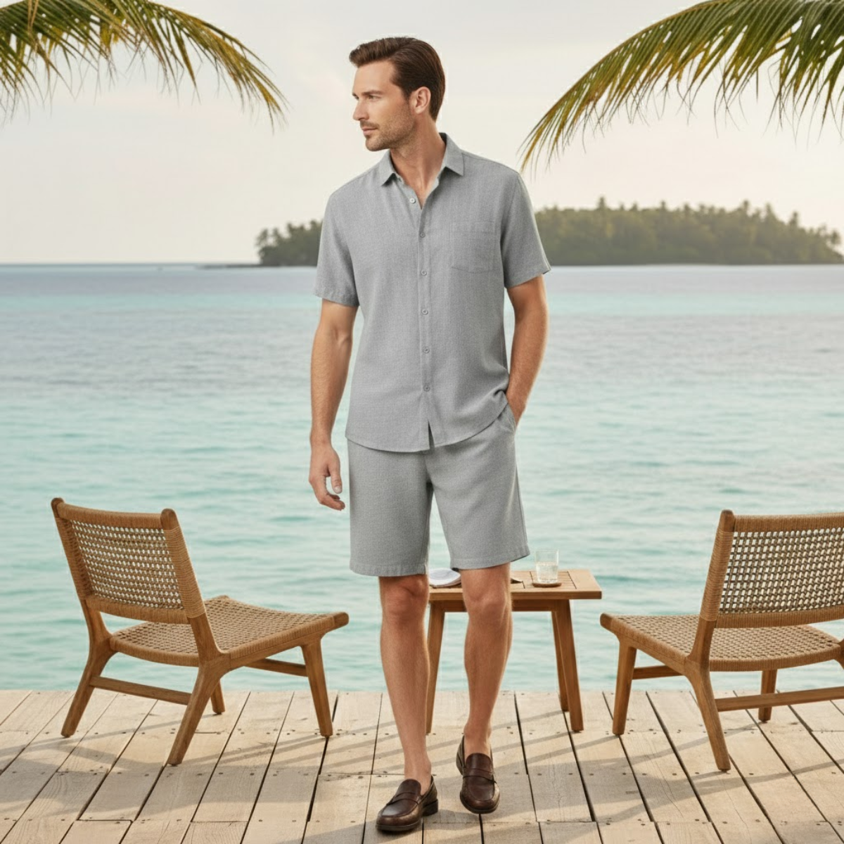 Men's Linen Shirt And Shorts Set Breathable Summer Beige