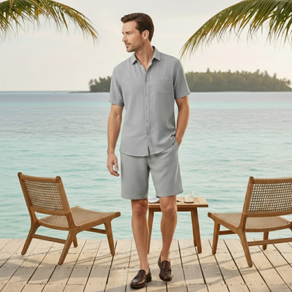 Men's Linen Shirt And Shorts Set Breathable Summer Beige
