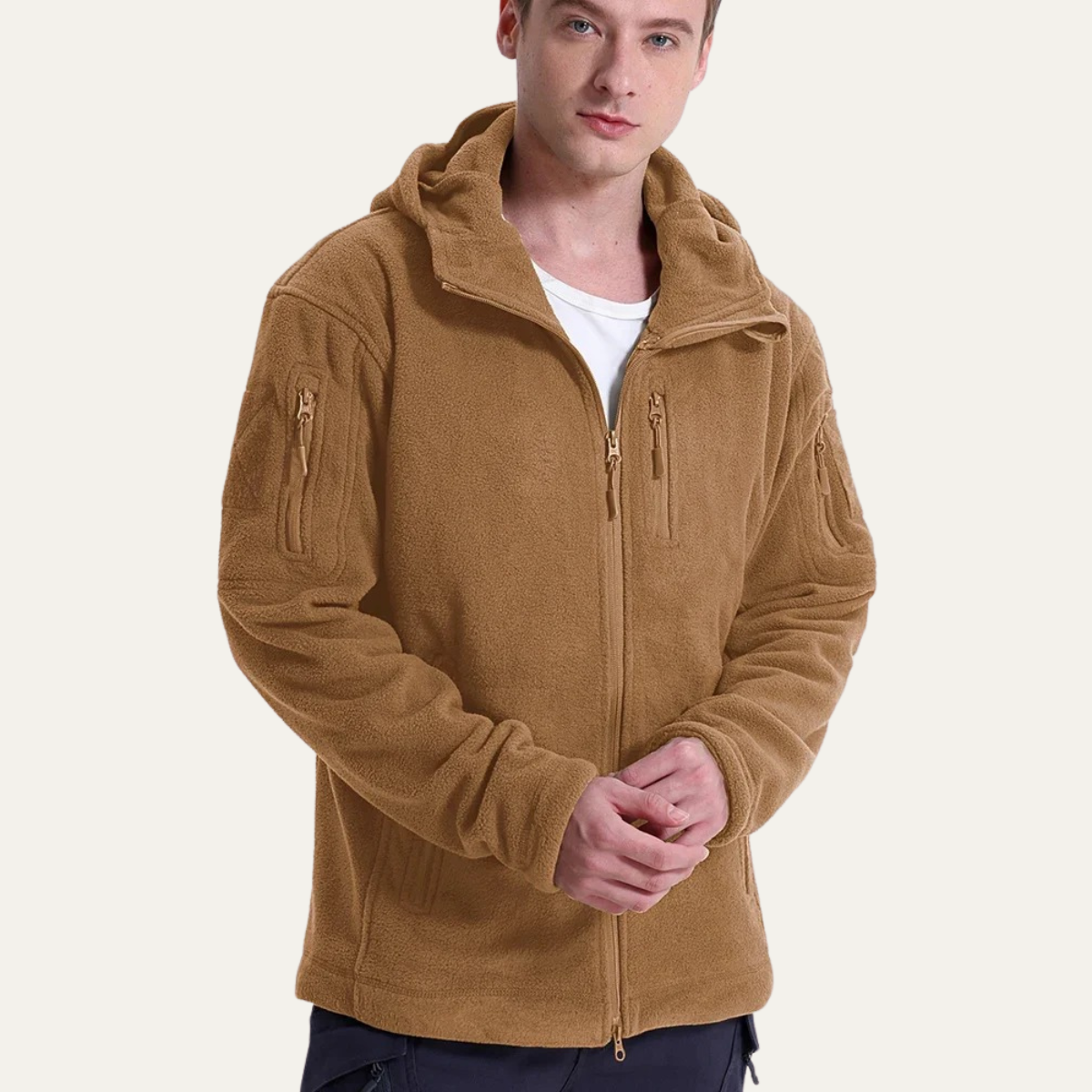 Men's Tactical Fleece Jacket With Hood And Multi Pockets
