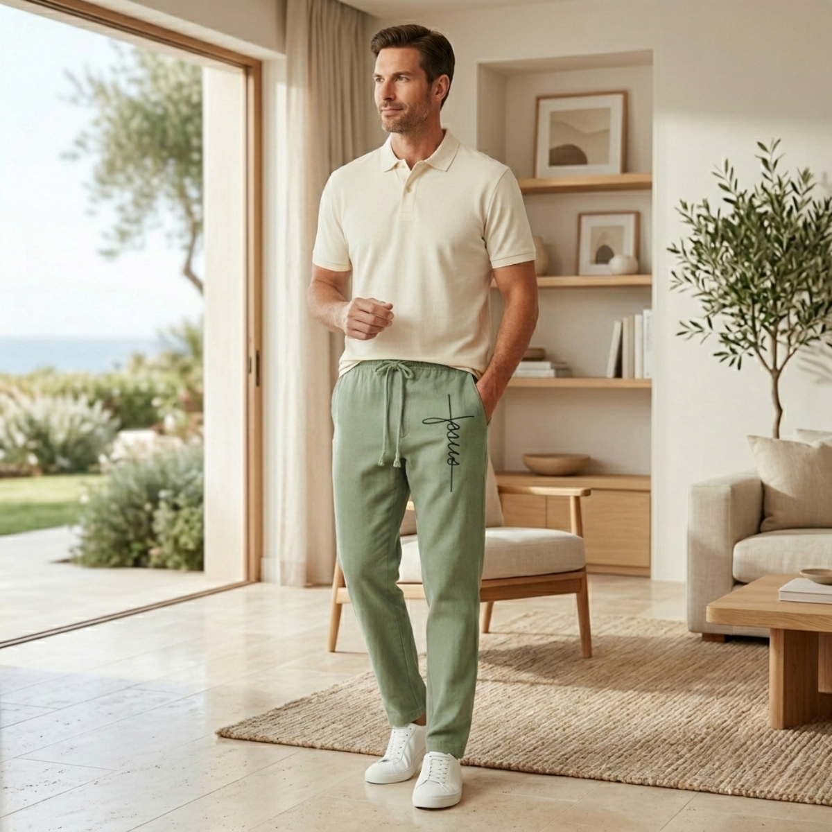 Men's Linen Drawstring Pants Relaxed Fit Beige