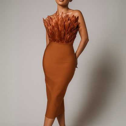 Women Strapless Midi Dress Feather Trim