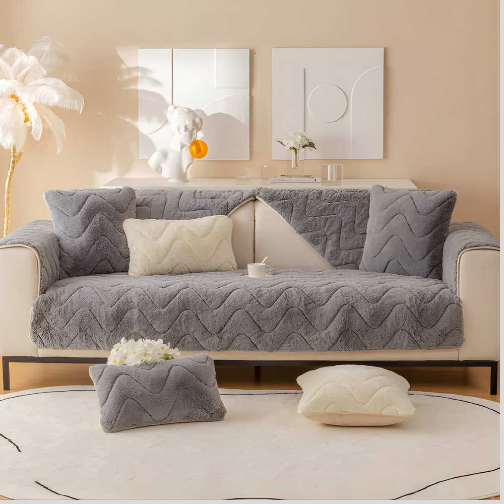 Faux Fur Sectional Sofa Cover Soft Plush Beige