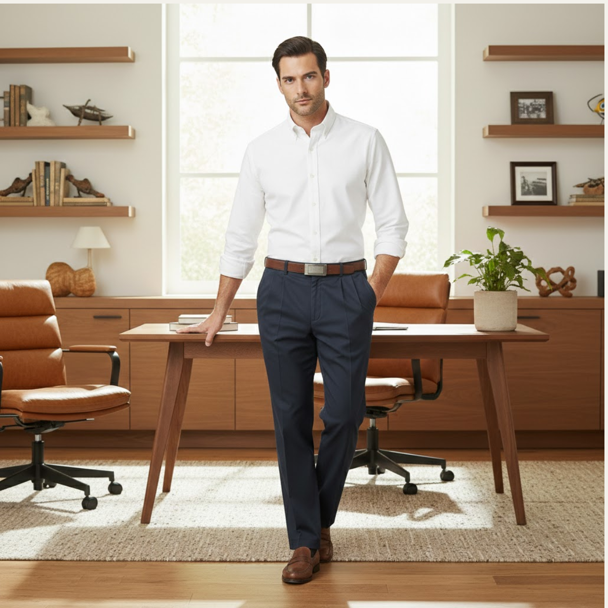 Men's Classic Straight Leg Pants Double Pleated Cotton