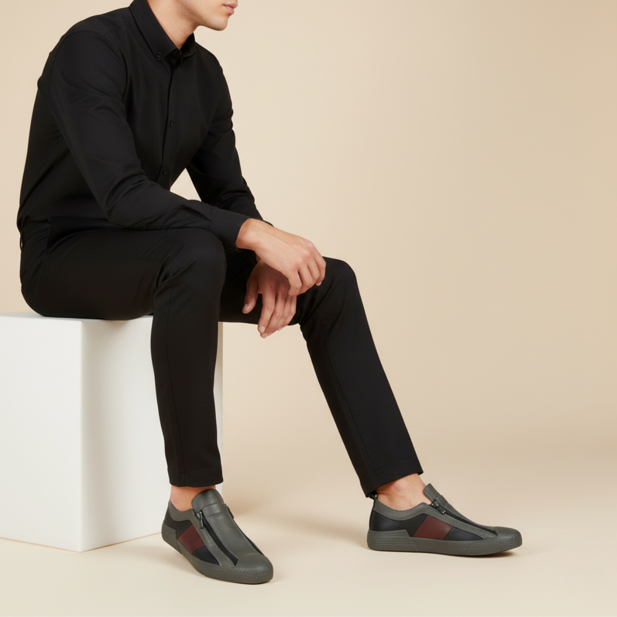 Men's Leather Sneakers Zip Up Black