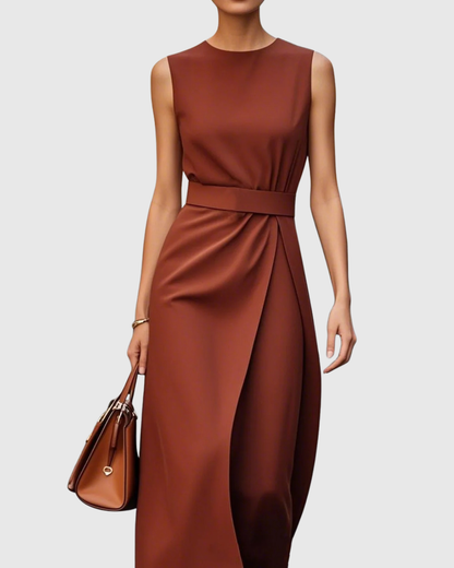 Vera Women's Sleeveless Midi Dress Twist Waist Round Neck - Vonnera