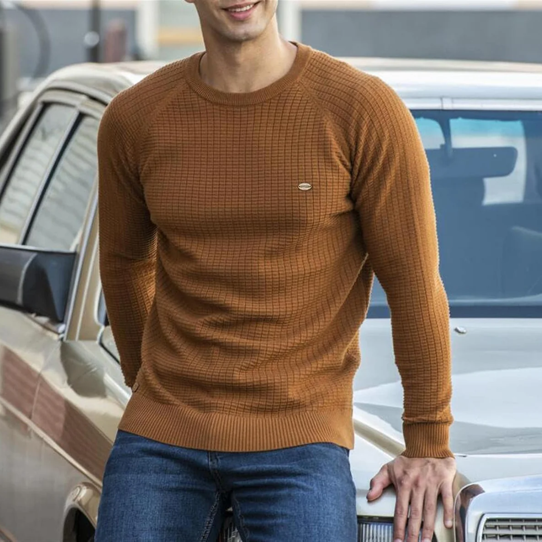 Men's Slim Fit Crew Neck Sweater Textured Knit Navy - Vonnera
