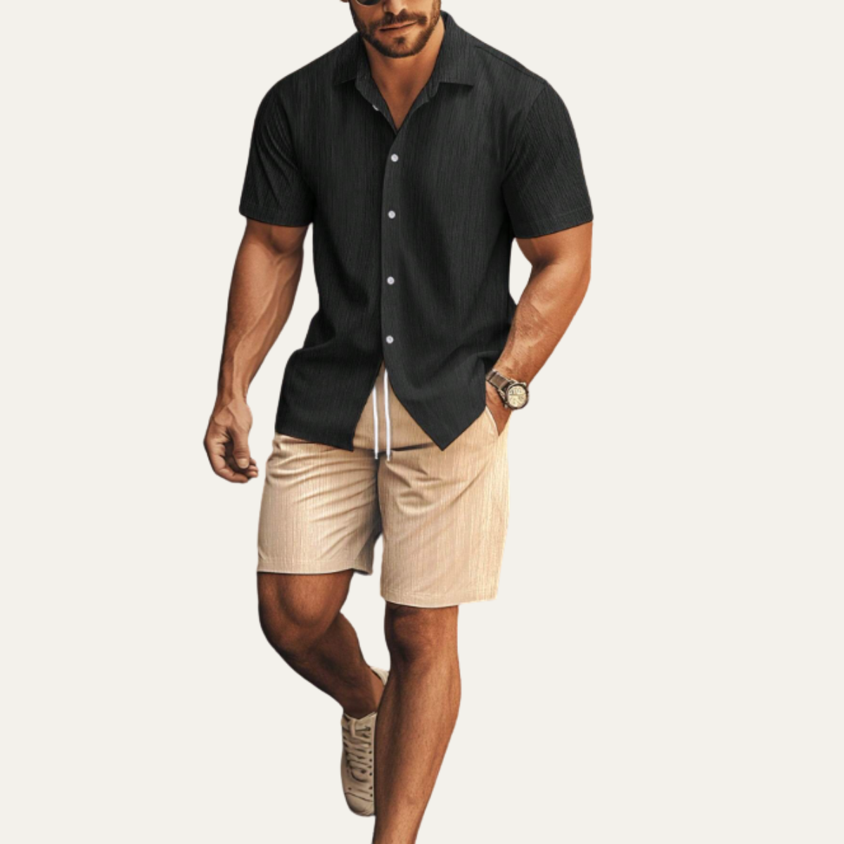 Men's Summer Co Ord Set Button Up Shirt Drawstring Shorts