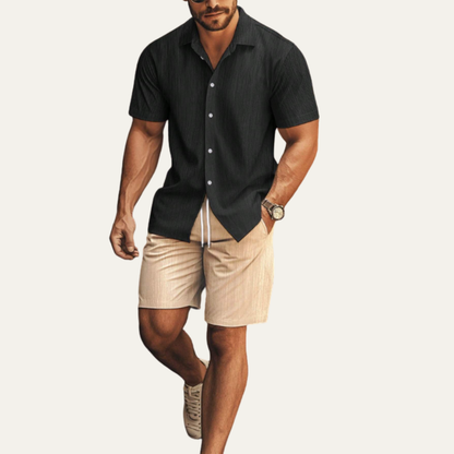 Men's Summer Co Ord Set Button Up Shirt Drawstring Shorts