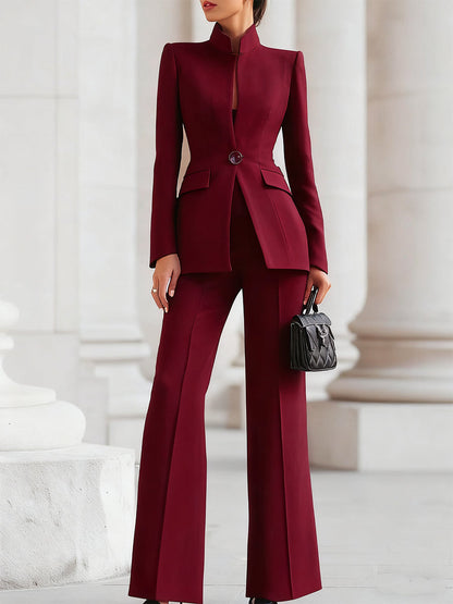 Women's Stand Collar Blazer Suit Set Wide Leg Pants