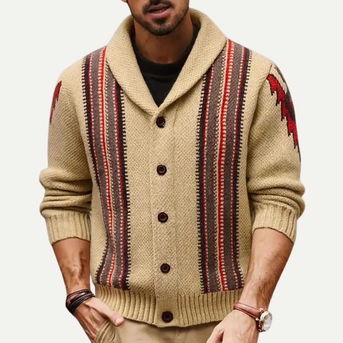 Men's Striped Knit Cardigan Retro Shawl Collar