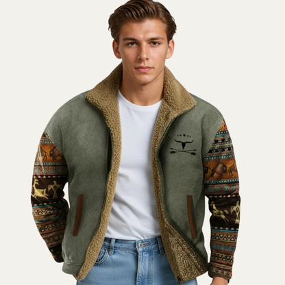 Mens Vintage Winter Coat Sherpa Lined Patterned Sleeves