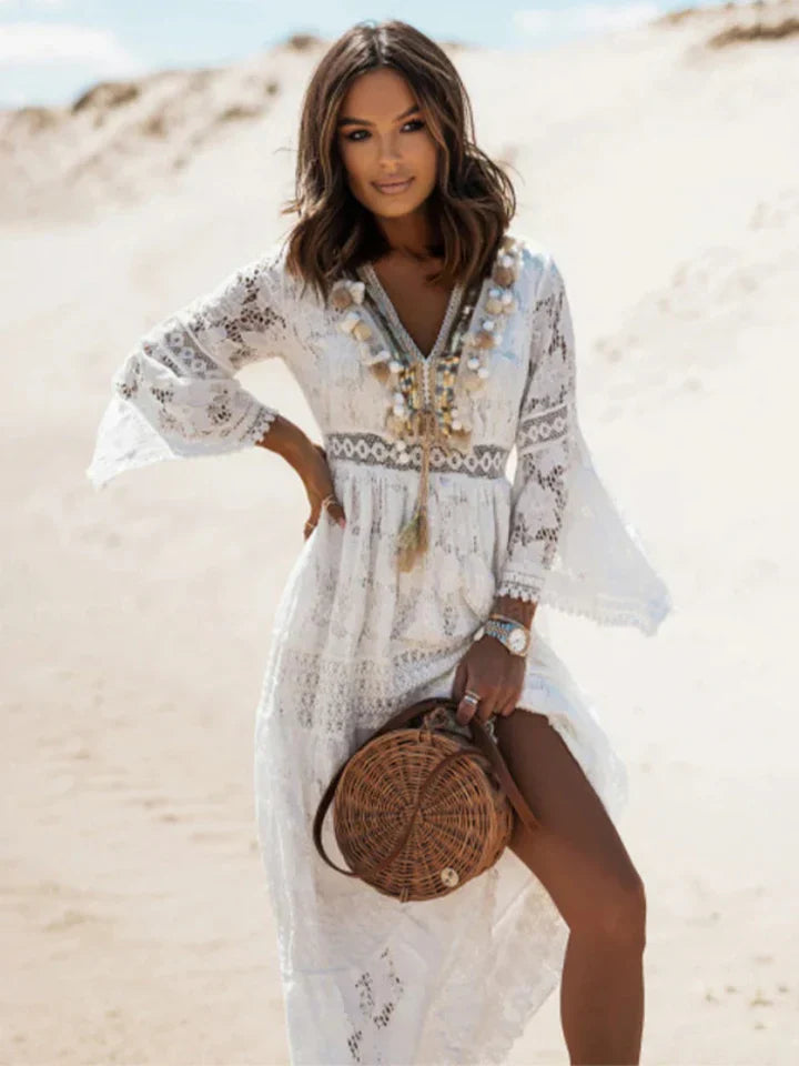 Women's Bohemian Maxi Dress Lace Flared Sleeves - Vonnera