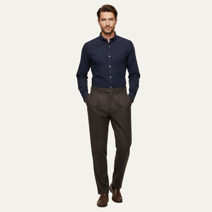 Men's High Waisted Wool Tweed Pants Herringbone Brown