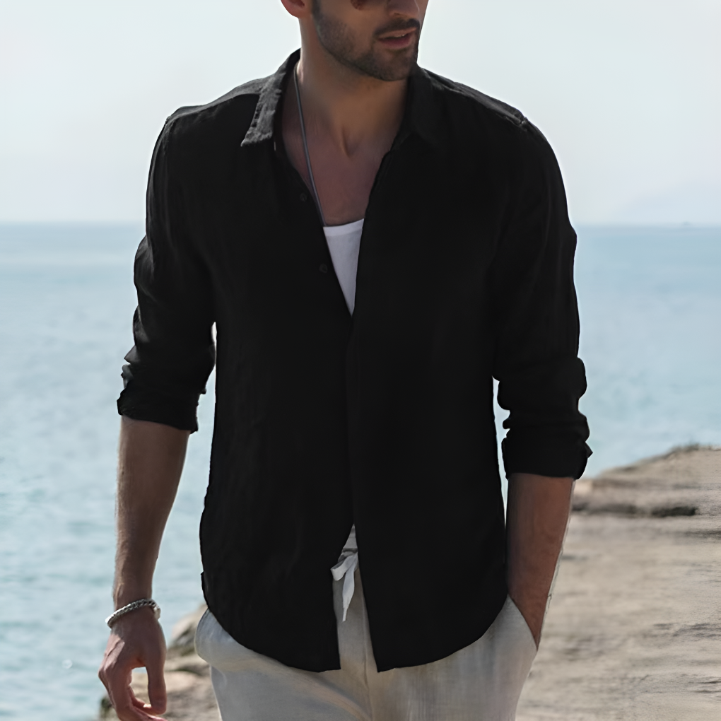 Linen Shirt Turn-Down Collar Solid Color