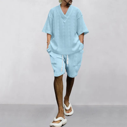 Men's Knitted Polo Shirt And Shorts Set Lightweight Red