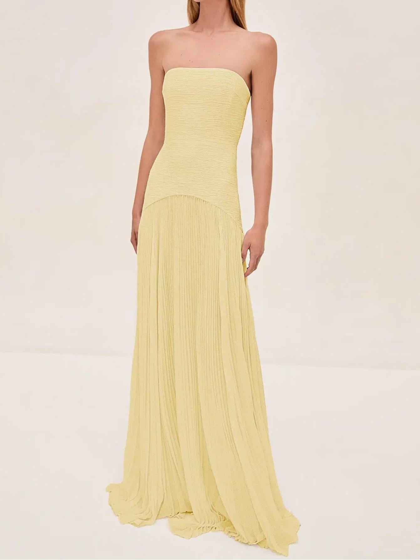 Women's Strapless Maxi Dress Formal Pleated Evening Gown
