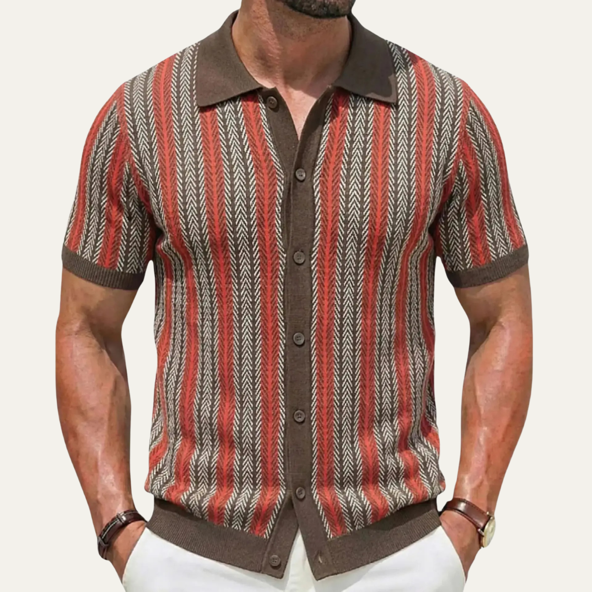 Men's Striped Knit Polo Shirt Lightweight