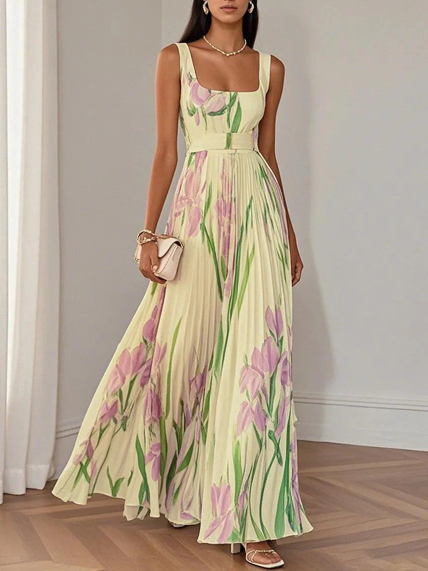 Women's White Floral Maxi Dress Pleated